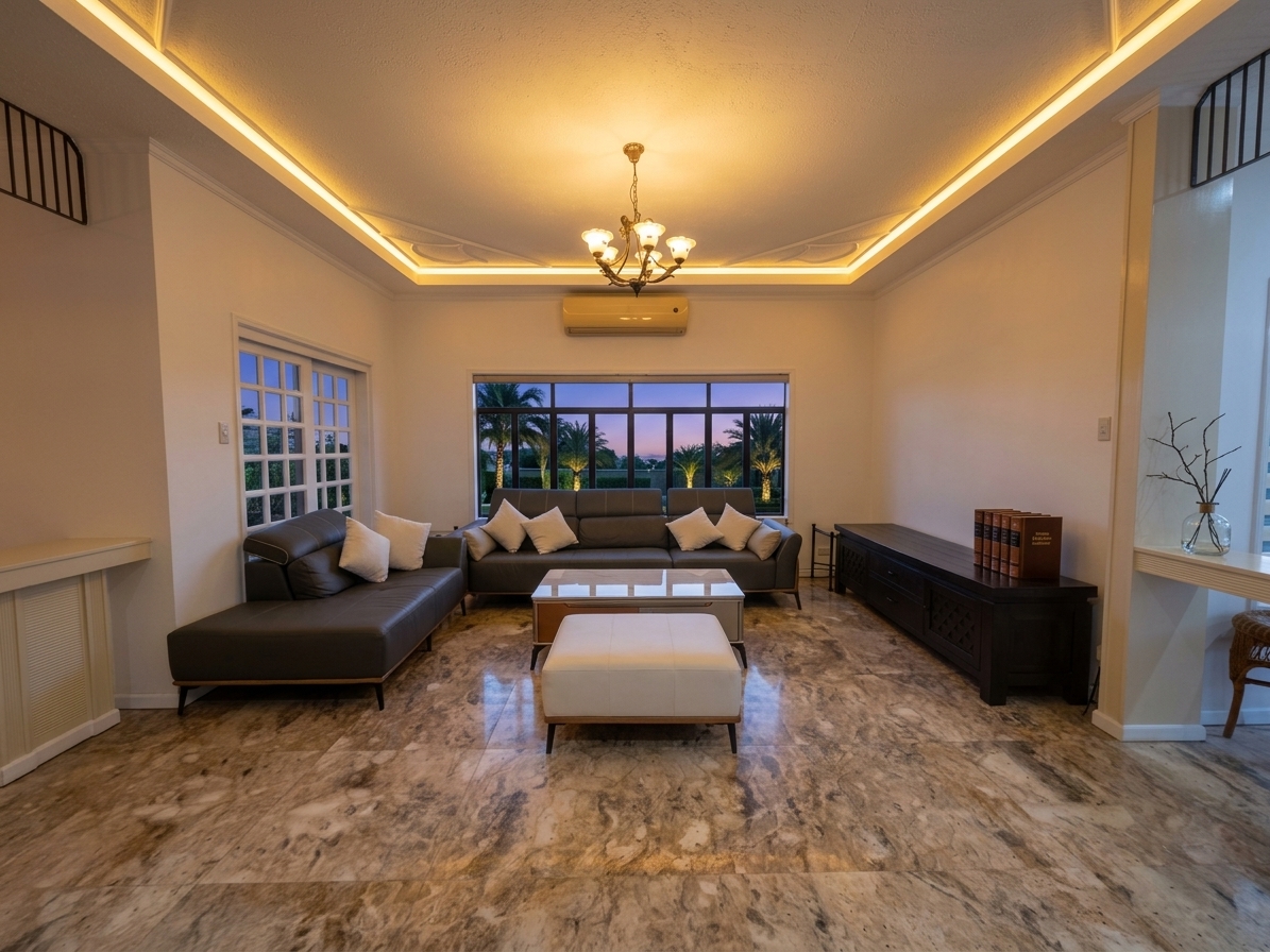 Living room with cove lighting and polished floors