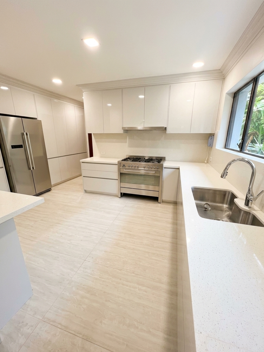 Service kitchen with professional range and garden window