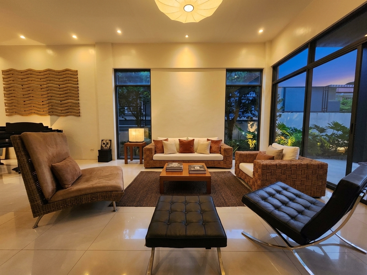 Garden-facing formal living room with floor-to-ceiling windows
