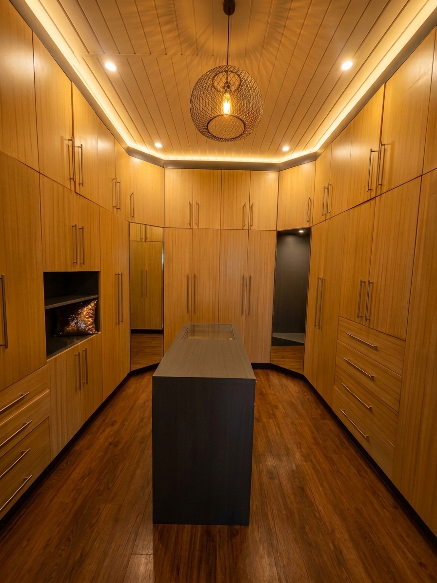 Full-height timber walk-in wardrobe with central island