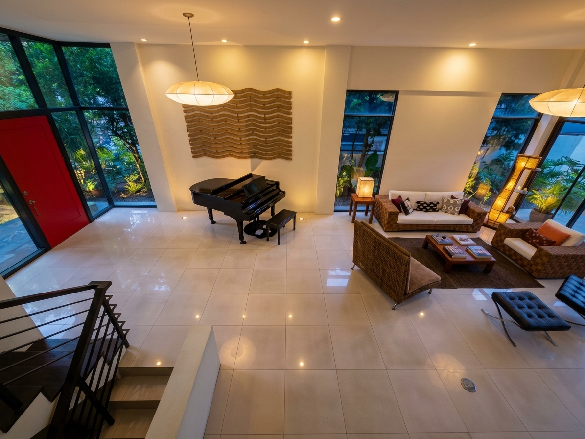 Mezzanine view over the bright main living area