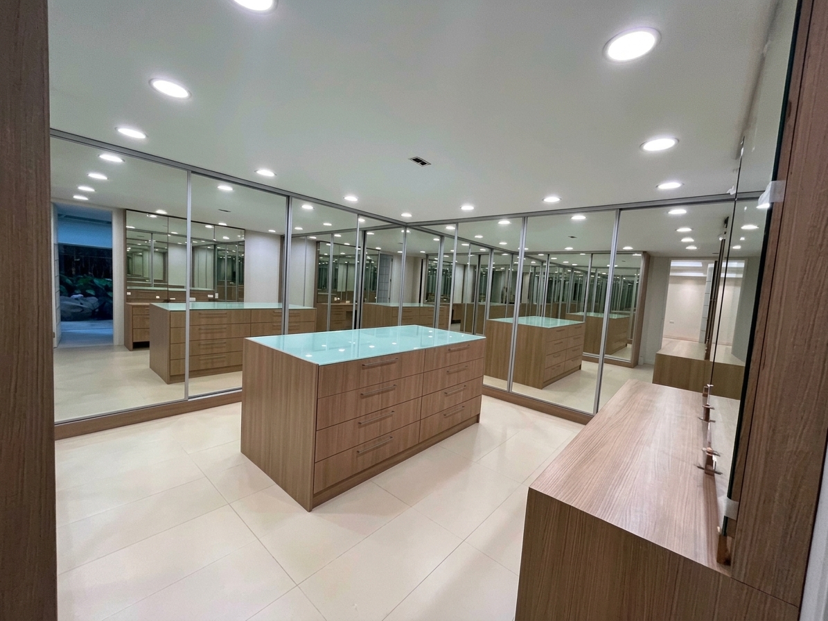 Walk-in wardrobe with mirrored built-ins and island dresser