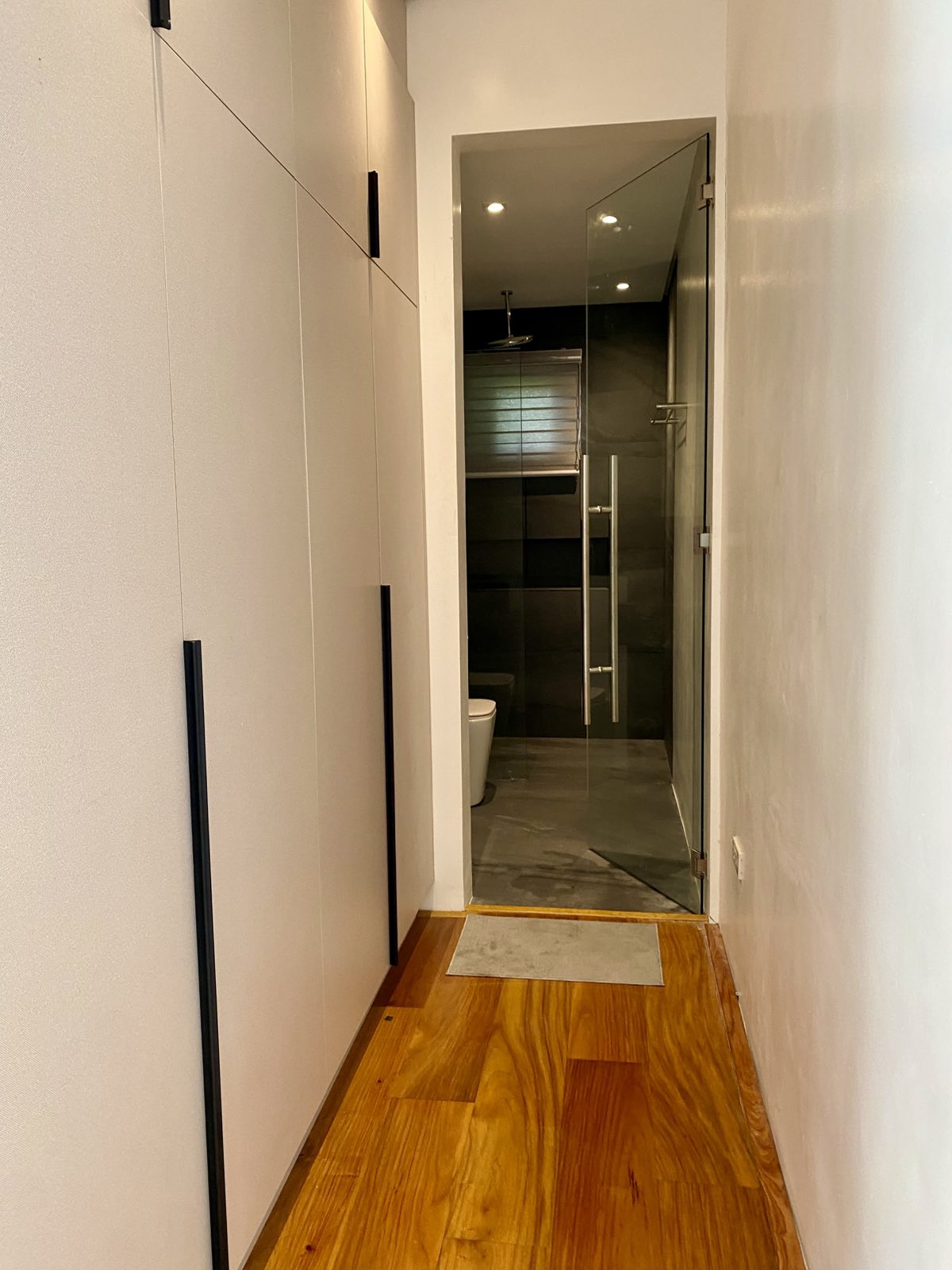 Modern bathroom with walk-in rain shower and walk-in closet corridor