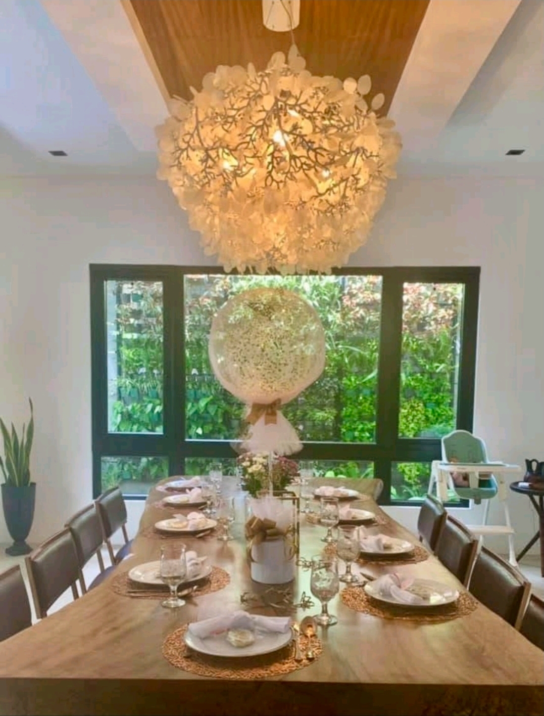 Formal dining room with capiz chandelier, live-edge table and vertical garden view