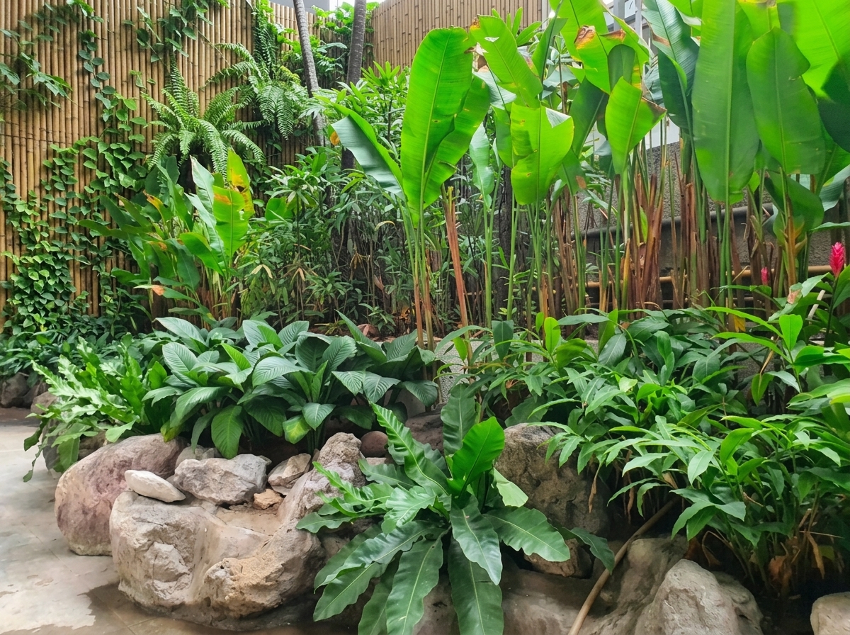 Tropical rock garden with bamboo screening and lush planting