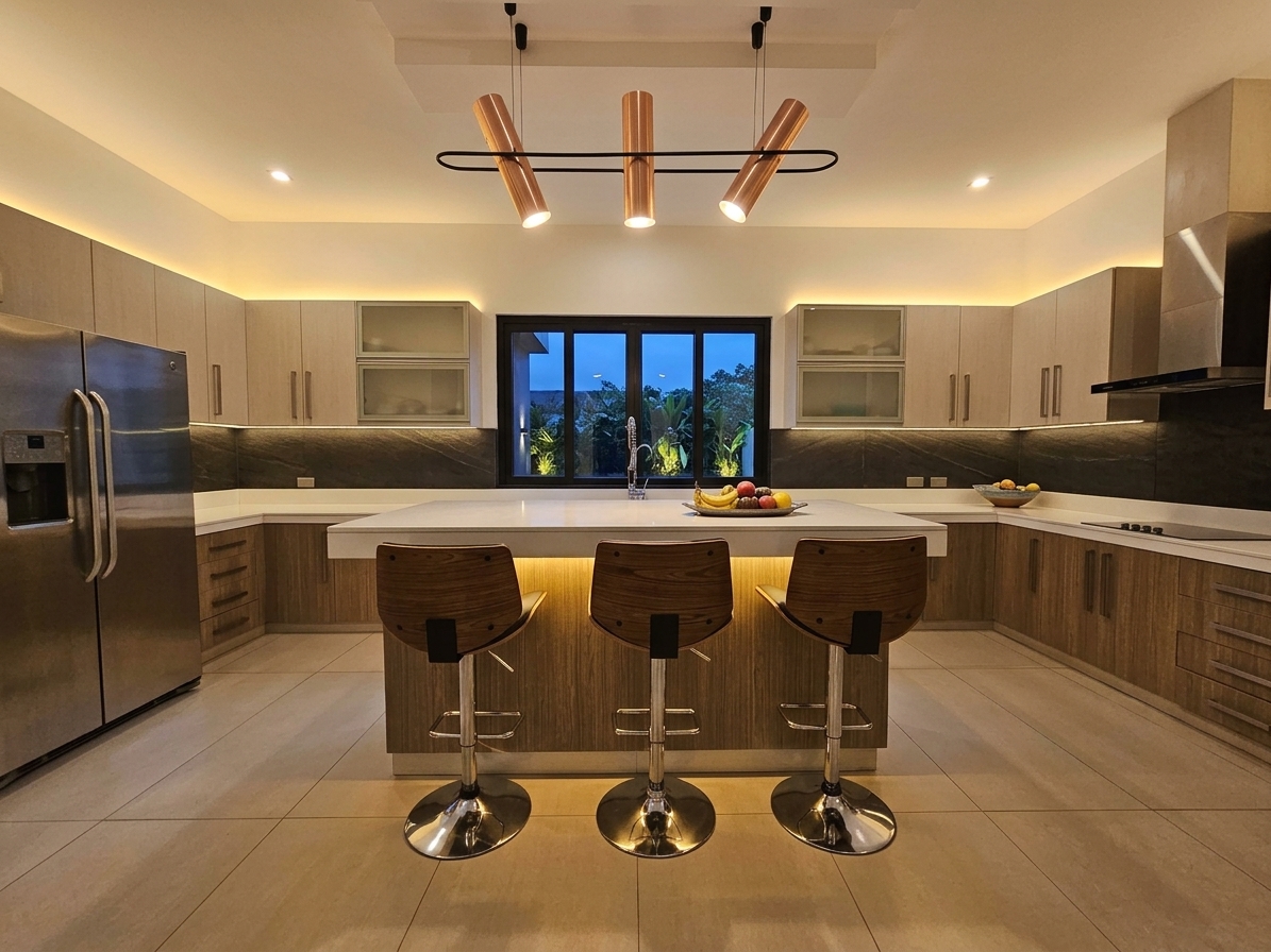 Modern kitchen with central island, timber cabinetry and integrated lighting