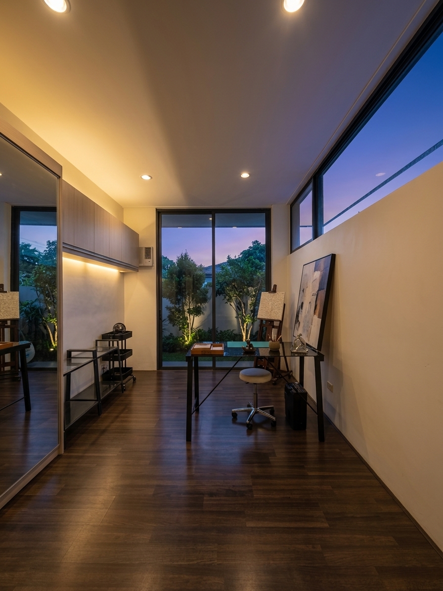 Quiet home study with hardwood floors and garden outlook