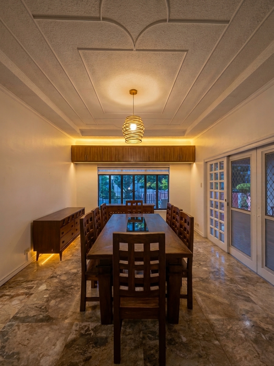 Dining room with coffered ceiling and narra table