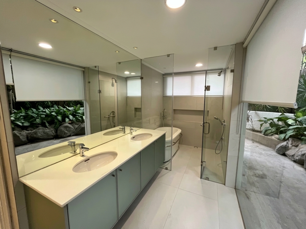 Garden bathroom with double vanity, soaking tub and rain shower
