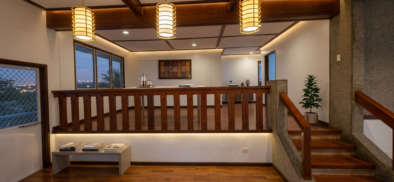 Mezzanine family area with hardwood railings and warm pendant lighting