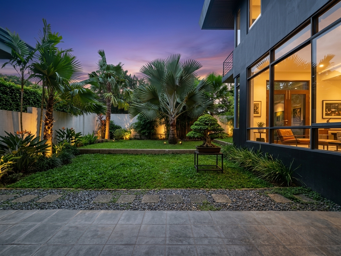 Landscaped private garden beside the residence at twilight
