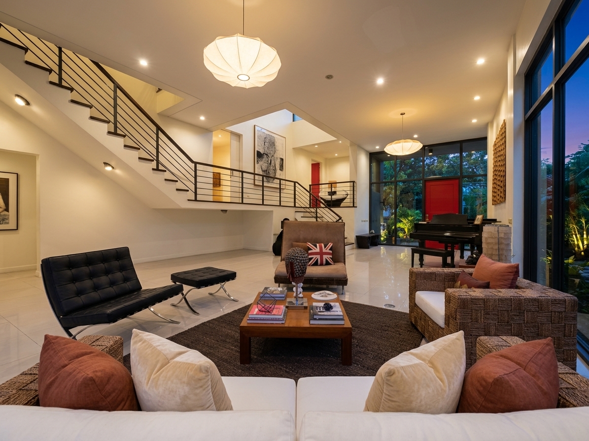 Open great room with mezzanine, piano and garden views