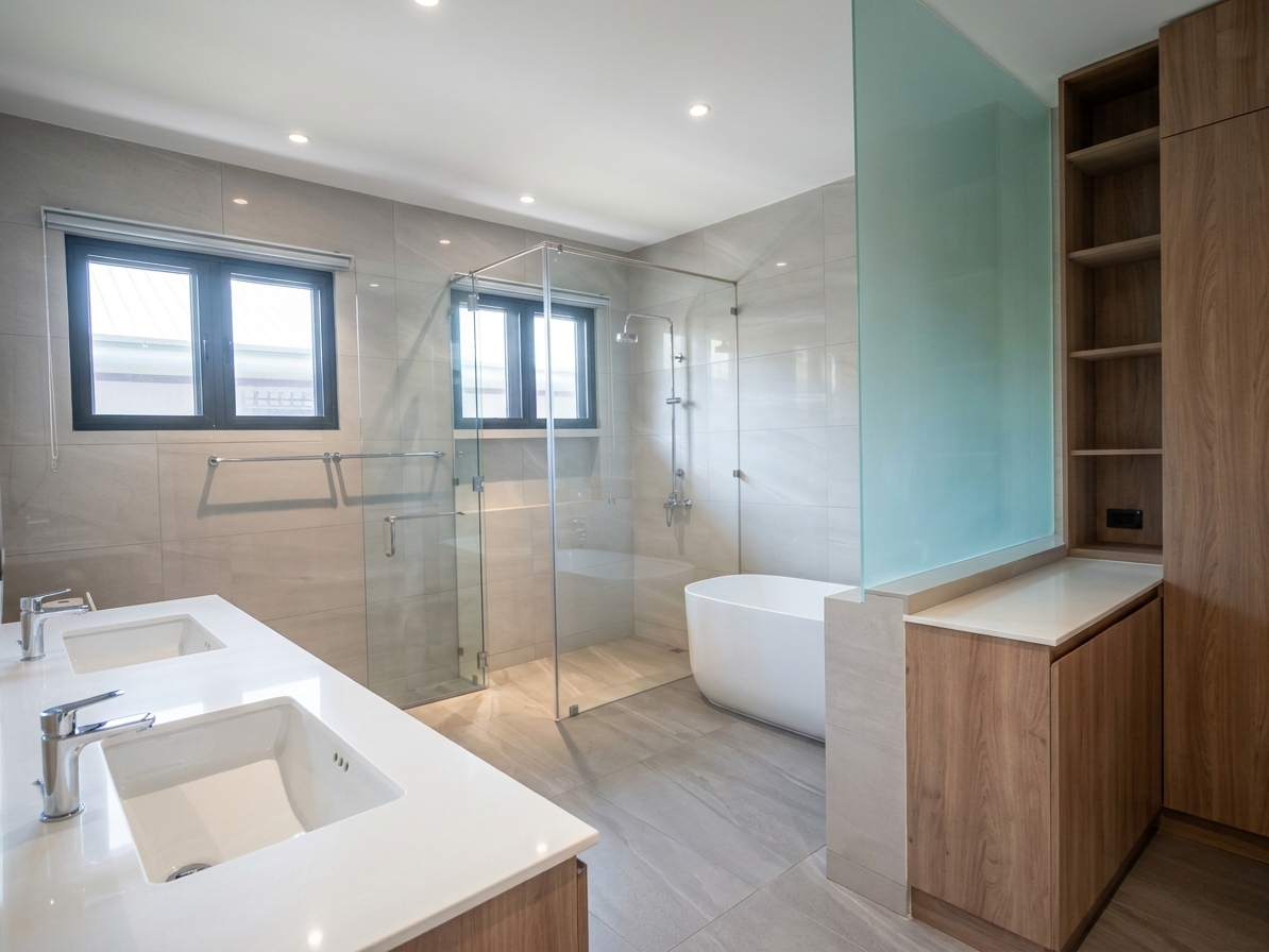 Bathroom with soaking tub, walk-in shower and double vanity