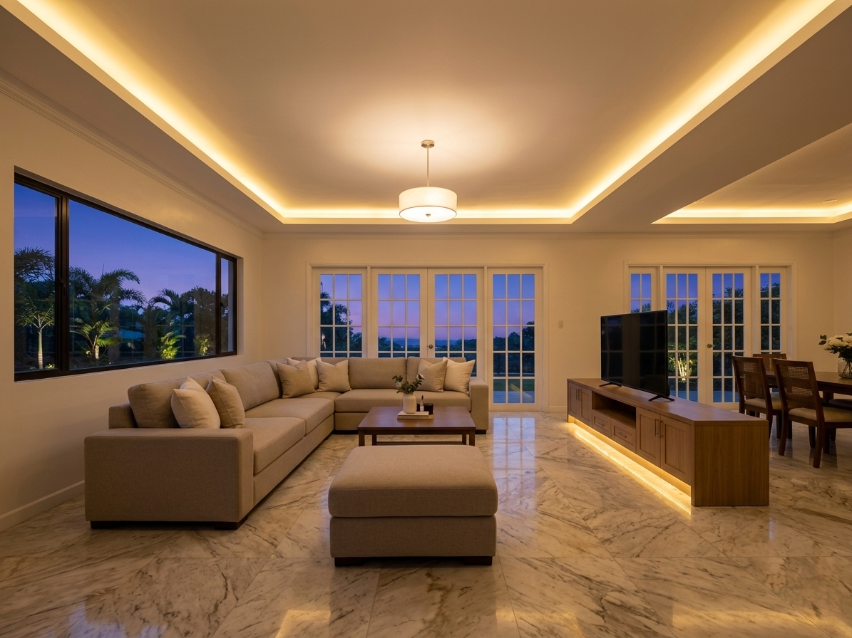 Family room opening to garden-facing glass doors