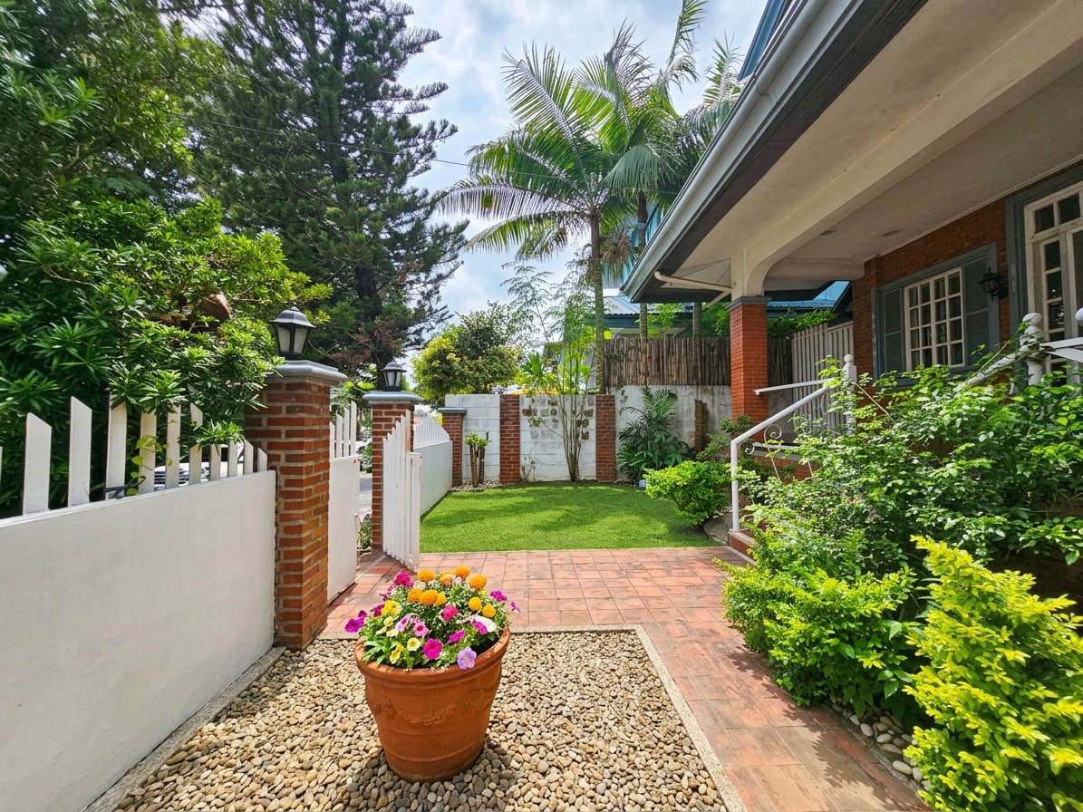Front garden walkway with potted blooms and manicured lawn