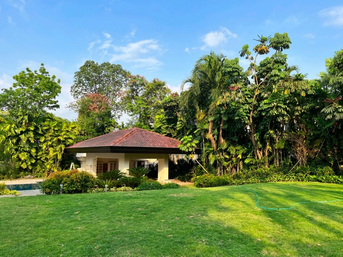 Manicured lawn and mature tropical gardens under open skies