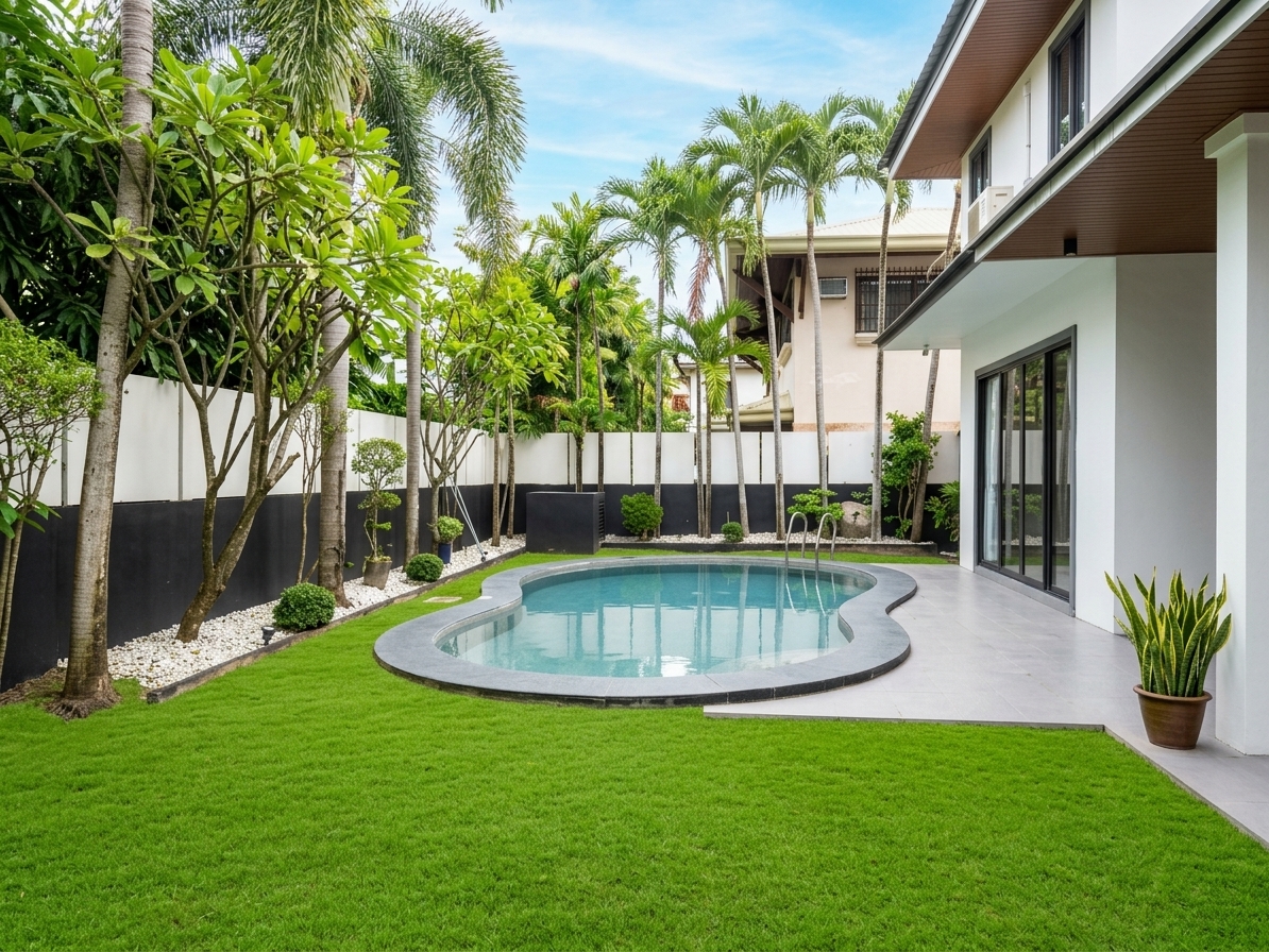 Swimming pool set in a manicured lawn with tropical planting