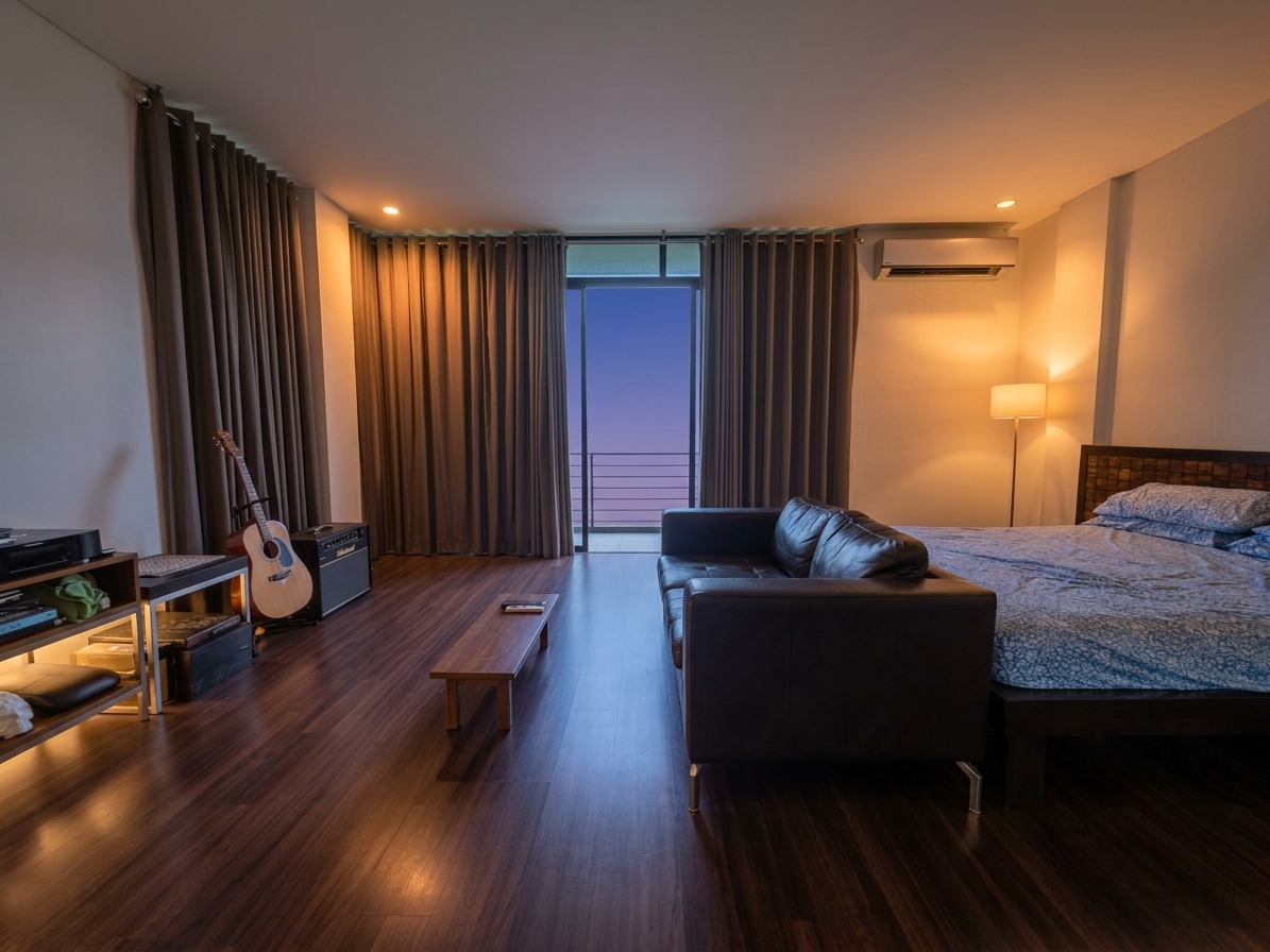 Generous bedroom with balcony access and hardwood floors