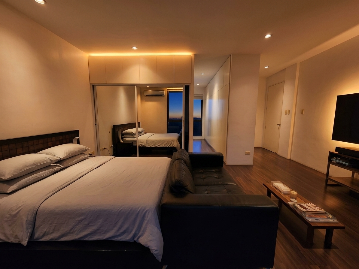 Spacious bedroom with built-in wardrobe and sitting area