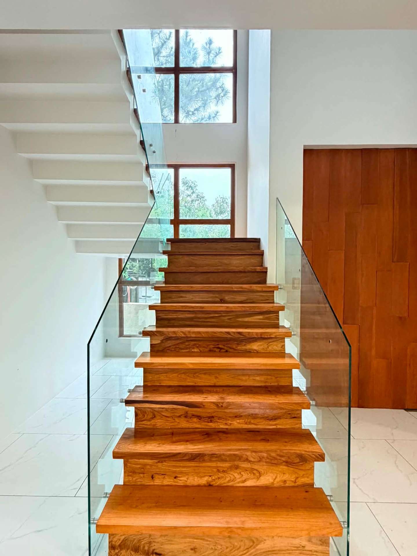 Floating narra stair treads with frameless glass balustrade