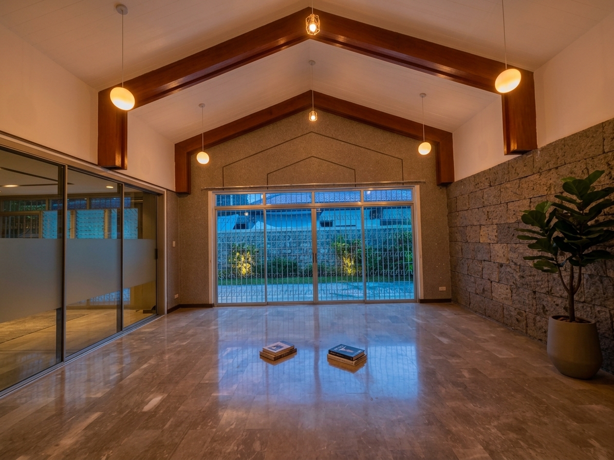 High-ceiling living hall with exposed timber trusses and stone accent wall