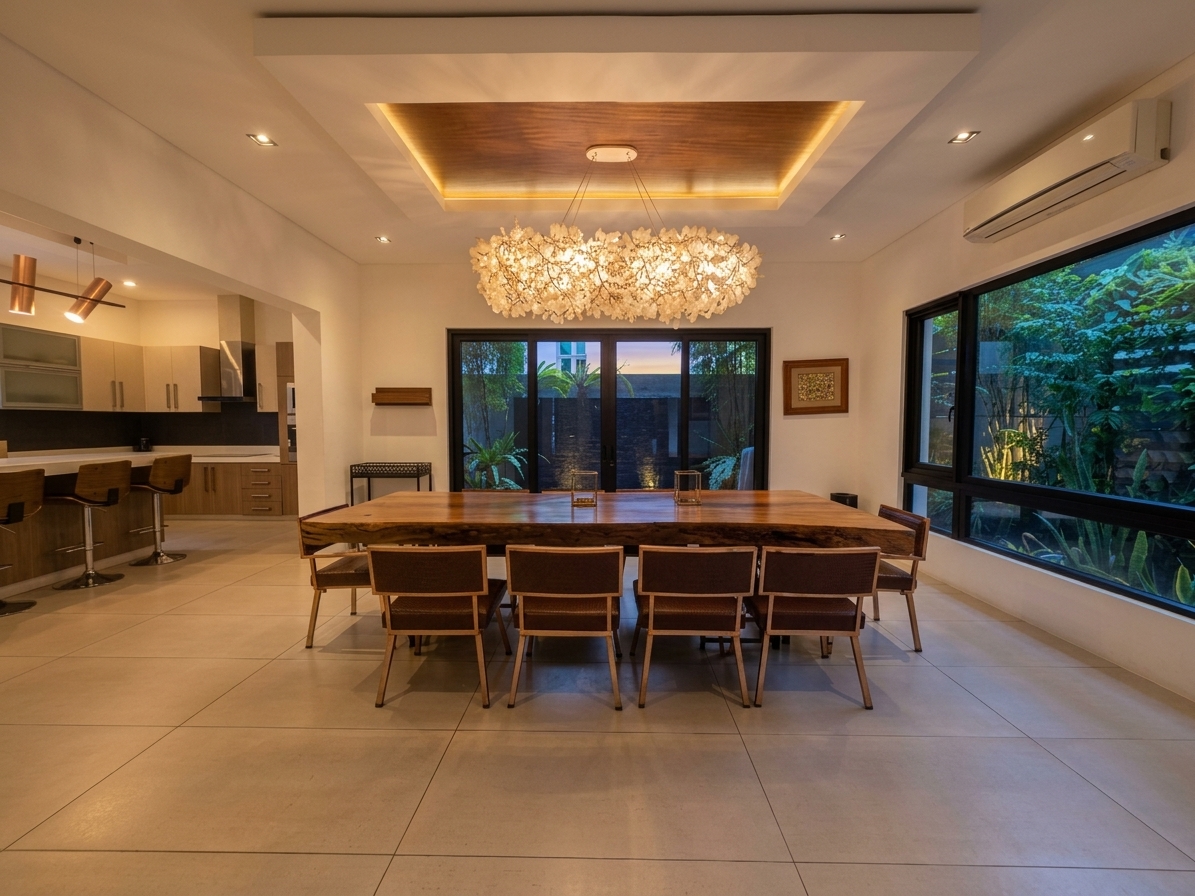 Formal dining room with live-edge table and garden views