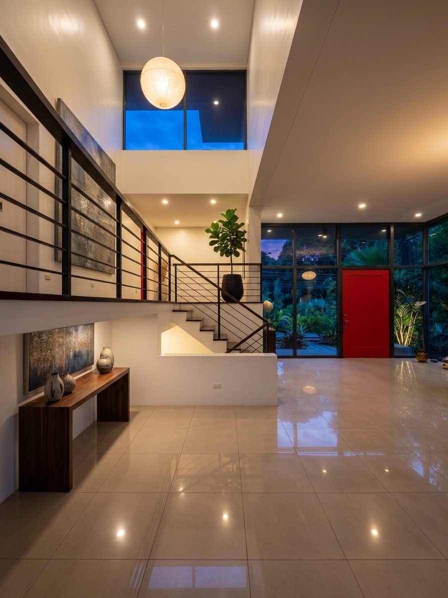 Double-height foyer with mezzanine, modern staircase and red entry door